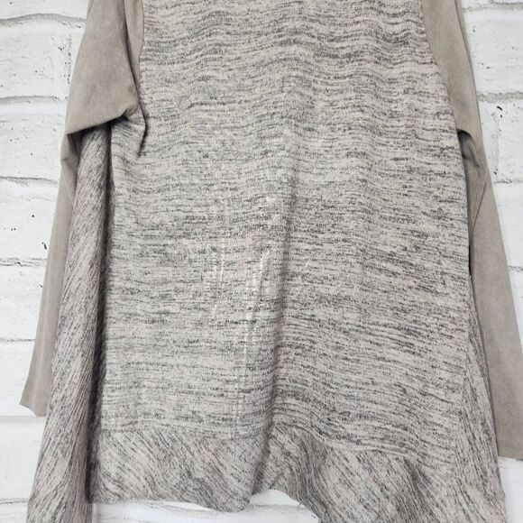 LOGO by Lori Goldstein Faux Suede Sleeve Full Zip Cardigan Tan Womens Medium - Picture 9 of 13